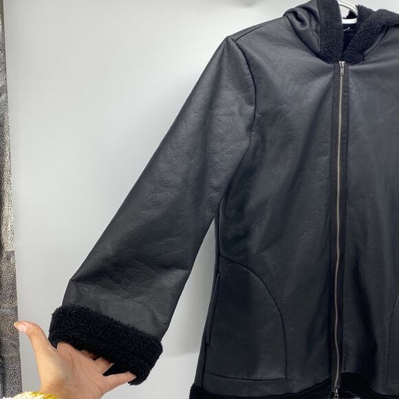 Bryn Walker faux leather fleece lined full zip hooded coat minimalist size S - Picture 2 of 8